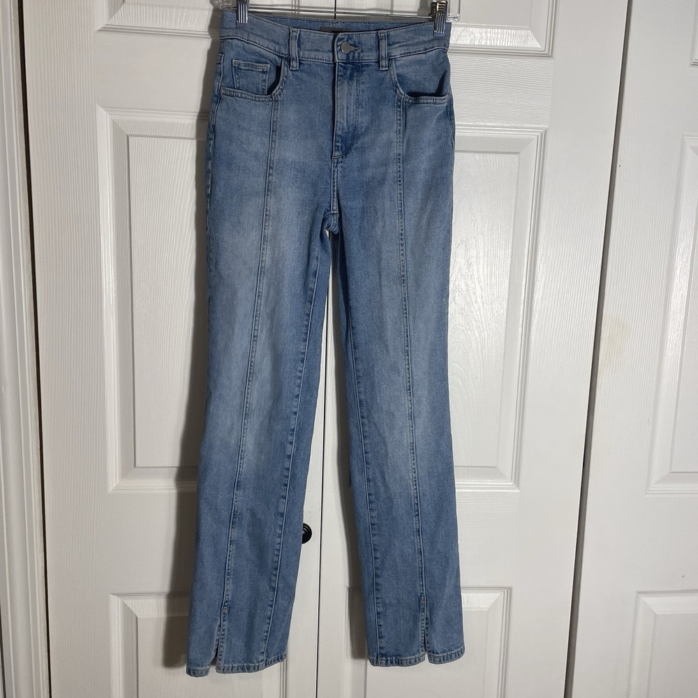 DL1961 Patti Straight Jeans  Women 24 Blue High-Rise Vintage Distressed Hem Slit